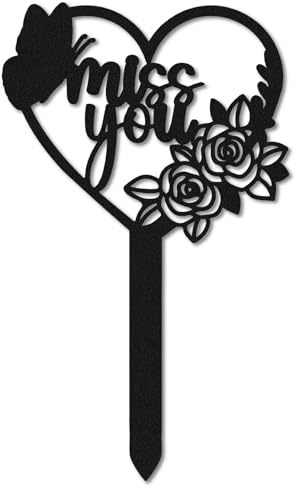 CREATCABIN Piquet Funéraire Papillon Métal Décoration Cimetière Fer Étanche Plaque Commémorative Forme Cœur « Miss You » avec Piquet Panneau Commémoratif pour Perte d'amour Jardin Extérieur 25x15cm