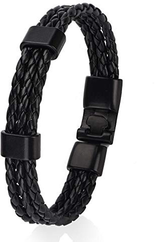 KIMISS Bracciale da Uomo in PU con Fibbia in Lega, Lavorato a Maglia, Multistrato, Braccialetto + Cinturino in Pelle Intrecciata + Braccialetto Paracord Regolabile (BLACK)