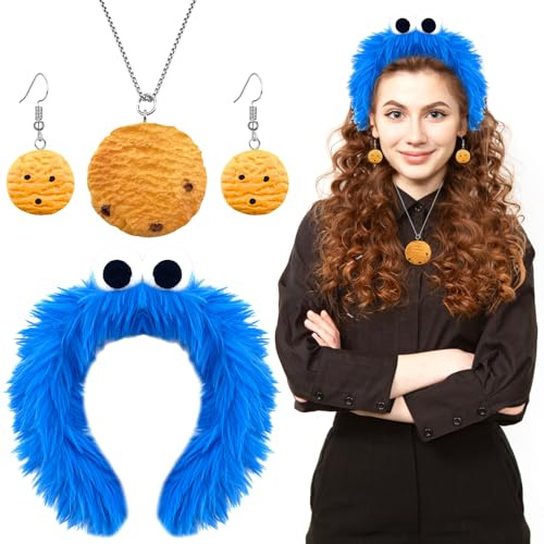 Lets Joy Krümelmonster Kostüm Damen, Cookie Monster Haarreif, Cookie Halskette + Ohrringe, Haarreif Monster Blau, Damen Kostüm Accessories Karneval Motto Cosplay
