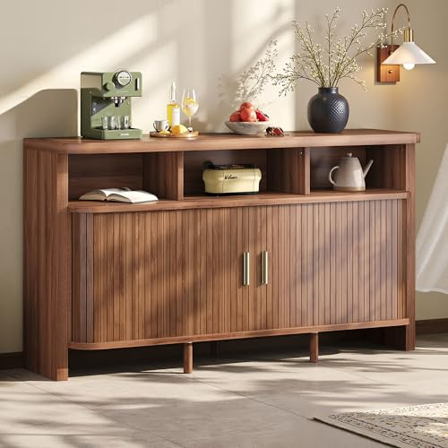 IRONCK 55 Sideboard Buffet Cabinet with Storage, Fluted Credenza with Sliding Door & Open Shelf, Mid Century Modern Accent Coffee Bar Console Table for Kitchen, Living Room, Entryway, Walnut