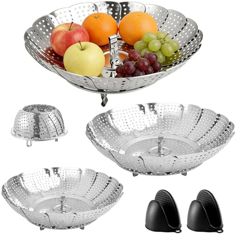 Dampfgarer Einsatz 3er Set Edelstahl Klappbar Dünsteinsatz für Töpfe | Reiskocher, Schnellkochtöpfe – Verstellbarer Dampfkorb Gemüsedämpfer + Hitzebeständige Silikonhandschuhe – 3 Größen