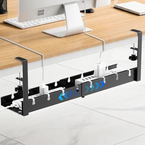 Yizhet Bandeja de Gestión de Cables para Debajo del Escritorio, Sin Taladro | Metal, Retractable 30-55cm, Capacidad Máxima de 7kg, Organizador para Esconder Cables para Oficina, Casa, Hogar