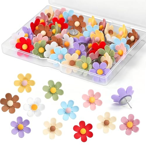 30 Stück Blumen Reißzwecken, Farbenfrohe Pinnadeln aus Harz und Edelstahl mit Aufbewahrungsbox, Dekorative Push Pins für Pinnwand, Korkboard, Kalender, Landkarte, Büro & Zuhause