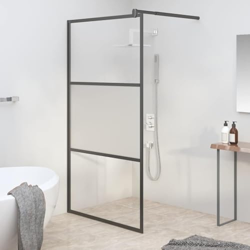 QUAHEAS Duschwand für Walk-In Dusche 100x195cm ESG Halbmattiert mit Aluminiumrahmen Schwarz, verstellbare Stützstange, spritzwassergeschützt, pflegeleicht, rahmenlos