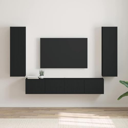 Boltkex TV-väggskåp, set om 2, svarta av trämaterial, 30 x 31 x 100 cm, 2 dörrar, 6 hyllor, TV-skåp, lågboard, mediemöbler för vardagsrum, hemmabio och ordentlig förvaring