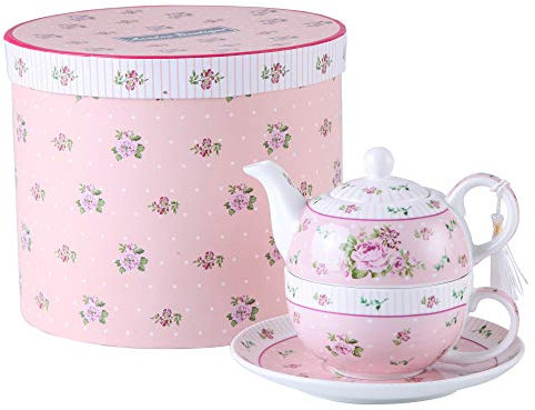 Teiera e tazza in porcellana stile vintage, decorazione floreale, colore rosa, in confezione regalo, Ceramica, Pink, 15x15cm
