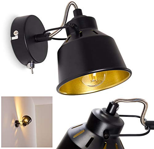 Lampada da parete Safari, lampada da parete regolabile in metallo in nero/oro, 1 luce, 1 attacco E14, spot da parete in design retro/vintage, senza lampadina/e
