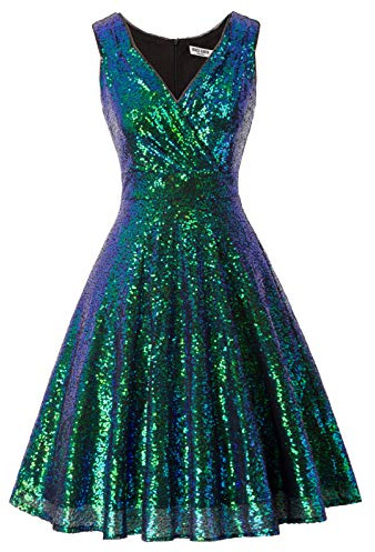 GRACE KARIN Sequins Banquet Evening A-line Dress V-Neck Vintage Event Dinner Dance Flared Dress M Sequined Dark Green