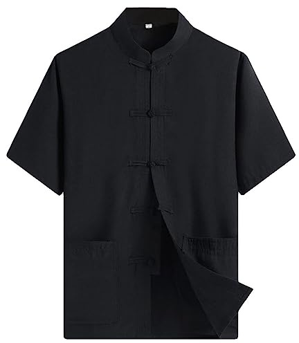 G-LIKE Camisa de verano para hombre, estilo tradicional china, artes marciales, kung fu, tai chi, ropa de entrenamiento, camisa informal de manga corta para hombre, Negro , L
