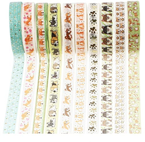 EXCEART 10 Rollen Papier Washi Tapes mit Hund Muster Selbstklebende Gold Folie Masking Tape Aufkleber Decals für DIY Handwerk Scrapbooking Tagebuch Alben Notebook Rolle