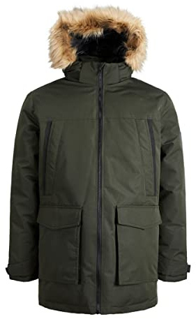 JACK & JONES JJECRAFT - Chaqueta de invierno con forro cálido para hombre, con capucha de piel sintética, Verde-3, XL