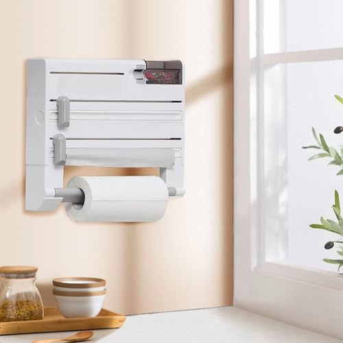 3 in 1 Kitchen Rolls Holder Dispenser Cling Film Foil Paper Cutter Roll Easy To Install Wall Mounted Holder - White