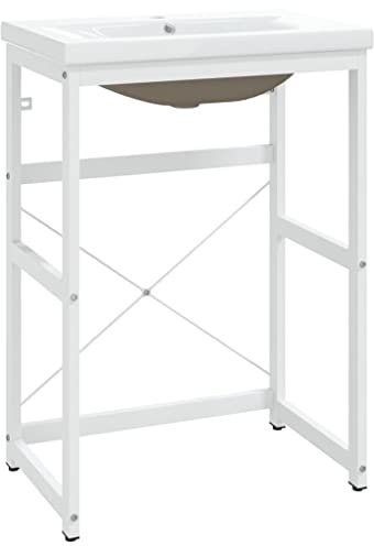 vidaXL Home Bathroom Washbasin Frame with Built-in Basin Home Bathroom Console Sink Frame Washbasin Stand Wash Basin Furniture White Iron