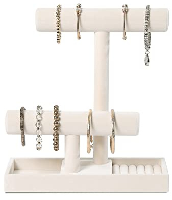 ByKen Multi-Functional 2 Tier Jewelry Holder,Necklace Bracelet Holder with Earrings Rings Tray,Jewelry Organizer Stand for Scrunchie Watches(Beige Velvet)