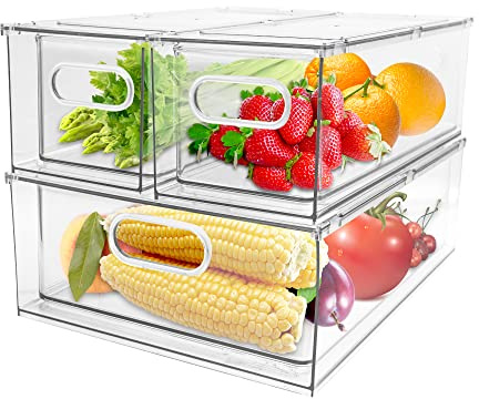 3 Pack Refrigerator Organizer Bins with Pull-out Drawer Stackable Clear Fridge Drawer Organizer Fruit Vegetable Storage Containers for Kitchen Pantry Organization (1 Large+2 Small)