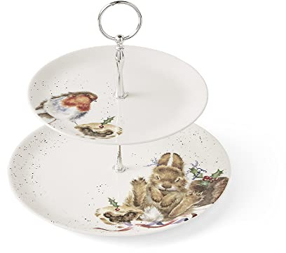 Wrendale Designs Royal Worcester Wrendale Deigns Festlicher zweistöckiger Tortenständer A Merry Little Christmas – Rotkehlchen und Hase, Weiß