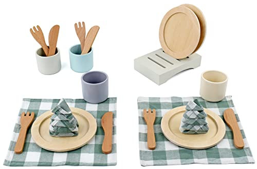 Little Log Geschirrset aus Holz Kinder spielküche zubehör Kinderküchen Set Geschenk Rollenspielzeug für Mädchen und Jungen ab 3 Jahren