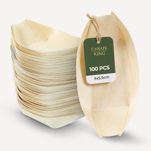 Canape King 100 pcs Wooden Bamboo Boats - Disposable Pinewood Food Serving Boat - Eco-Friendly Canape, Sushi Serving Trays Perfect for Weddings Birthdays Christmas (XS (9 x 5.5cm))