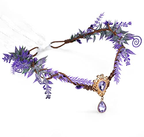 MOSTORY Feenkrone Kopfschmuck für Faschingskostüme Damen, Blumenkranz Haare Tiara mit Kristall Anhänger für Cosplay Fotoshooting Party Renaissance Accessoires