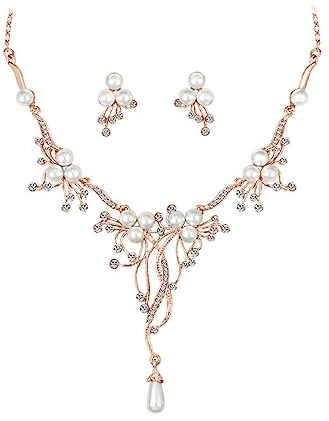 Zolkamery Hochzeit Schmuckset Damen, Glitzernde Kristall Braut Schmuckset mit perlen, Rose Gold Halskette & Ohrhänger Set für Brautjungfer, Glitzernde Luxus Brautschmuck für Verlobung Hochzeitstag
