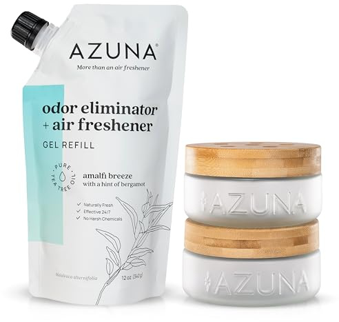 Azuna Air Freshener & Odor Eliminator for Strong Odor | 2 Room Kit Includes (2) 8 oz. Empty Luxe Glass Jars & 12 oz | Refill with Tea Tree Essential Oil Gel | Amalfi Breeze | Last 60-90 Days