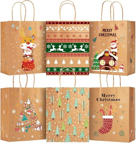 12 Stück Papiertüten Weihnachten Geschenktüten mit Henkel,Kraftpapiertüten Geschenktasche für Geschenke Mitgebsel Süßigkeiten Party