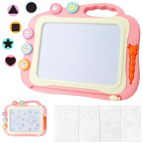 RUNEAY Spielzeug ab 3 Jahre, Magnetische Maltafel Zaubertafel 35x28cm Zeichentafel Zaubermaltafel Malbrett mit 5 Form Stempel und 4 Kopiertafel, Frühes Lernen Zaubertafel Kinder ab 3 Jahre (Rosa)