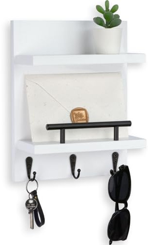 Lucundm Key Holder Wall Mount, Mail Shelf Decor with 3 Key Hooks, Versatile Wood Wall Organizer for Entryway Hallway (8.2” x 10.6”x 3.6”) (White)