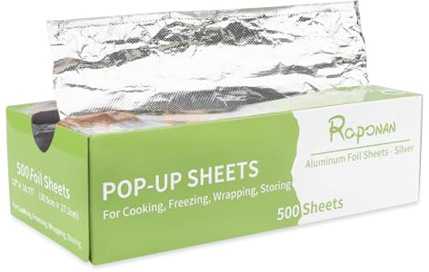 Roponan Aluminum Foil - 500 Precut Sheets, 30 x 27.3 cm, Pop-Up Interfolded Foil for Baking, Grilling, Roasting, Cooking or Storing Food