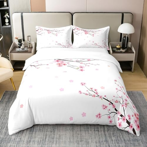 Homewish Cherry Blossoms 100% Cotton Duvet Cover Super King,Girls Pink Floral Bedding Set,Spring Japanese Flowers Bed Set,Pale Pink Blossom Petal Comforter Cover,Romantic Branch Bedspread Cover,3Pcs