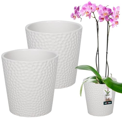 KOTARBAU® 2er Set Blumentopf Weiß Keramik glasiert ⌀ 12 cm Höhe: 15 cm Orchideentopf Keramik Blumentöpfe modern für Zimmerpflanzen
