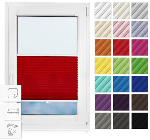 Estika Plissee zum kleben 120 cm x 150 cm - Rot - Plissee kleben, Plissee ohne Bohren, Rollos für Fenster ohne Bohren, Jalousien Fenster für innen, Fenster plissee
