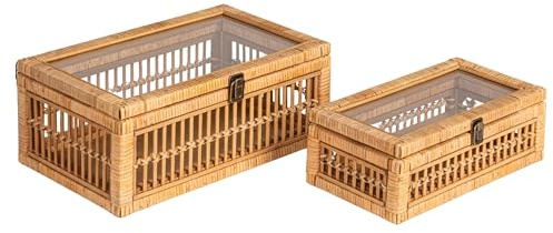 Creative Co-Op Rattan and Bamboo Nestable Storage Boxes with Glass Lids, Natural, Set of 2