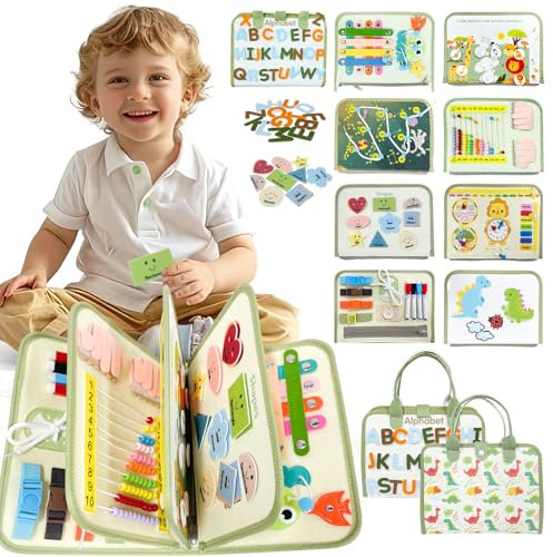 Sumtoco Busy Board, Montessori Spielzeug 1 2 3 4 Jahre, 9 in 1 Dinosaurier Quiet Book, Filz Activity Board, Baby Sensorik Lernspielzeug, Motorikspielzeug Jungen Mädchen Kinder, Geschenk für Kinder