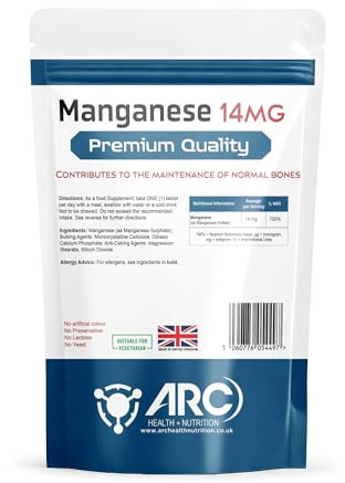 Chelated Manganese 14mg High Strength Supplement 60 Vegan Tablets, Suitable for Men & Woman, Made in UK