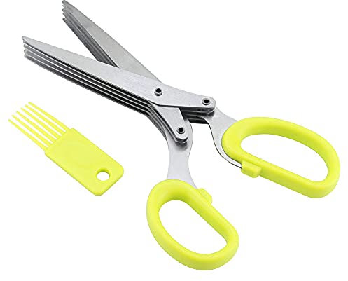 Sunicon Küchen-Kräuterschere, Edelstahl, scharf und praktisch, 5-lagige Klinge, Küchen-Salatschere, spülmaschinenfest, mit Sicherheitsabdeckung und Silikonbürste zum Zerkleinern (Yellow)
