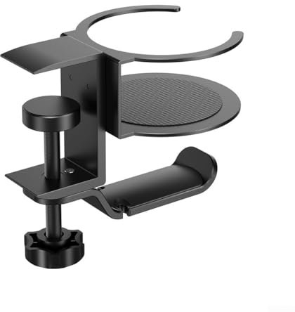 Portabicchieri da scrivania 2 in 1, girevole a 360°, con gancio per cuffie, morsetto in metallo per tazze da caffè, tazze d'acqua, cuffie (nero)
