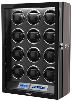 DUKWIN Watch Winder for 12 Automatic Watches with Key Lock, LCD Screen, Remote Control, LED Light, Adjustable Watch Pillow and Supper Quiet Motor for Universal Watches
