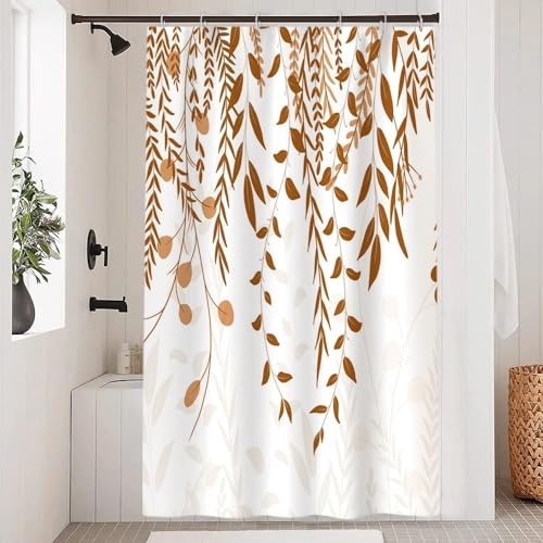 Uiiooazy Duschvorhang Braun 120x200cm Anti Schimmel Eukalyptus Khaki | Duschvorhang Orange Blätter Motivo Wasserdicht Stoff Polyester Waschbar Bad Vorhang mit 8 Haken für Badezimmer Badewanne