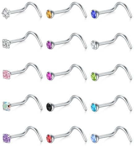 WillTen 20G Nose Studs L Shape Women Nose Studs Colorful Diamond CZ Silver Stainless Steel Heart Start Piercing Jewelry