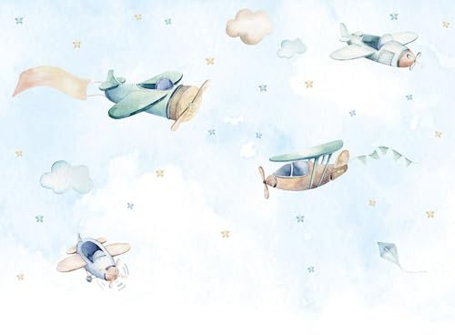 UNIK Nordic Vliestapete Kindertapete Flugzeuge Aquarell 250 x 250 cm – Vintage-Flieger im Himmel mit Wolken & Sternen – schadstofffrei & kreativitätsfördernd – liebevoll designt fürs Kinderzimmer