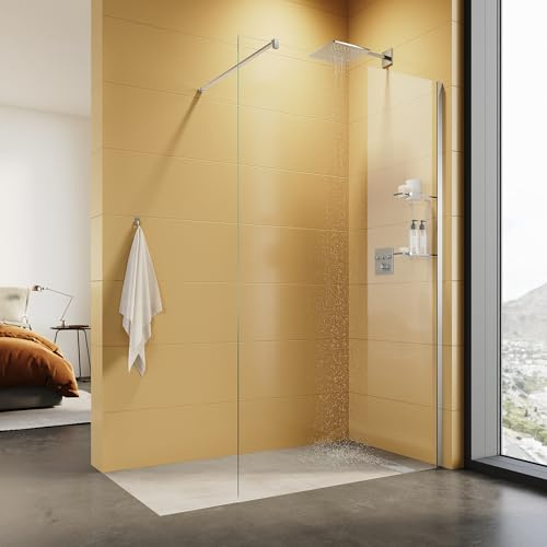 Walk-In-Dusch 100cm Feststehende Duschtür mit Stützstab & 2 Glasablagen | aus 8mm Sicherheitsglas Klarglas Barrierefreier Walk-in Duschkabine