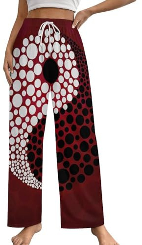 Red Wave Point Tai Chi Pajama Pants Women Long Pockets Lounge Pj Bottom with Drawstring Belt Sleepwear 5XL
