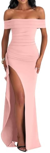 AOWVUTS Robe de Soirée Cocktail Femme Robe Longue Sexy Slim Bodycon Epaules Dénudées Fendue Maxi Robes Femme Élégant Couleur Unie Robes de Fête Longue de Gala pour Mariage Party Bal