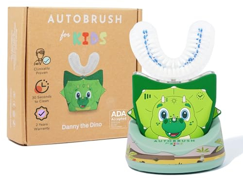 autobrush Kids Electric Toothbrush – Only ADA Accepted U-Shaped Toothbrush, Clinically Proven Up to 5.1X Better Cleaning, 30 Seconds, Full-Mouth 360 Coverage, LED Lights, Music, Ages 3-5, Dinosaur