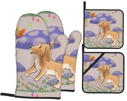 4 pezzi Presine E Guanti Da Barbecue Cartoon Mushroom With Dog Pattern Guanti Da Cucina Divertenti Guanti Da Barbecue Per Grigliare, Cucinare, Cottura Al Forno