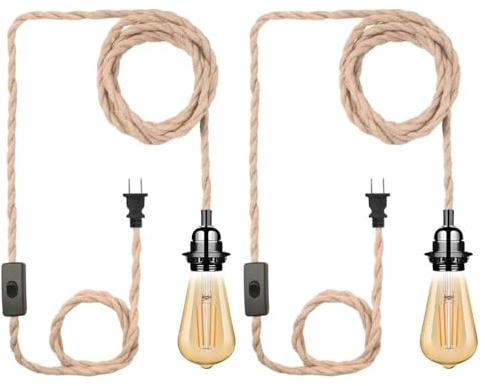 Plug in Pendant Light Cord, Industrial Hanging Light Kit with 15FT Hemp Rope, E26 E27 Light Socket Base for Hanging Lamp Kit, Hanging Light Cord with On/Off Switch, Ideal for Room Decor-2 Pack