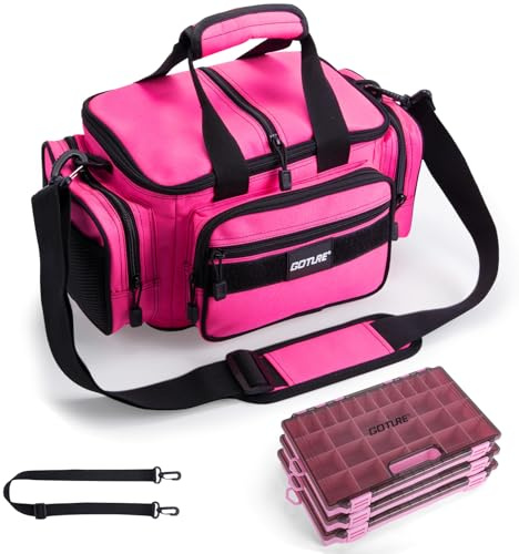 Goture Fishing Tackle Bag with 3 Tackle Boxes, Soft Side 600D Water-Resistant Cross Body Sling Fishing Bag, Small Saltwater Gear Storage Tactical Bags, Gifts for Men/Women (14.96x9.06x7.48)
