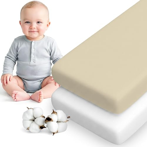 Dreamzie Set Med 2 Dra-På-Lakan 60x120 cm – OEKO-TEX Certifierad Bomull – För Spjälsäng – Passar 60x120 cm Madrasser – Beige/Vit