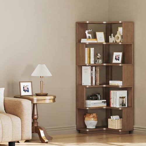 CozyDH Corner Book Shelf, 5 Tier Corner Bookshelf Etagere Bookcase with Baffle, Freestanding L Shaped Display Shelf Stand for Home Office, Living Room, Bedroom, Kitchen, Walnut